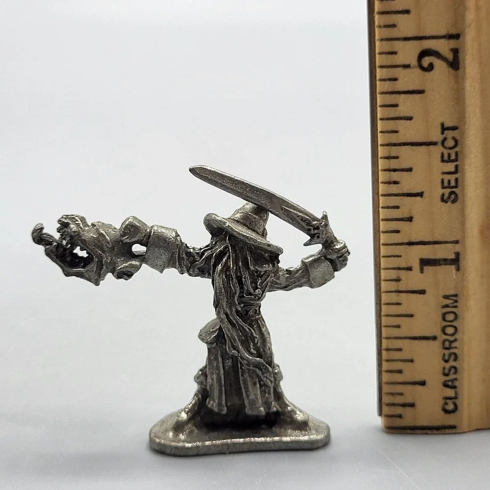 Vtg 1996 Signed Pewter Wizard Figurine Sword Dragon Shelf Decor 1.25